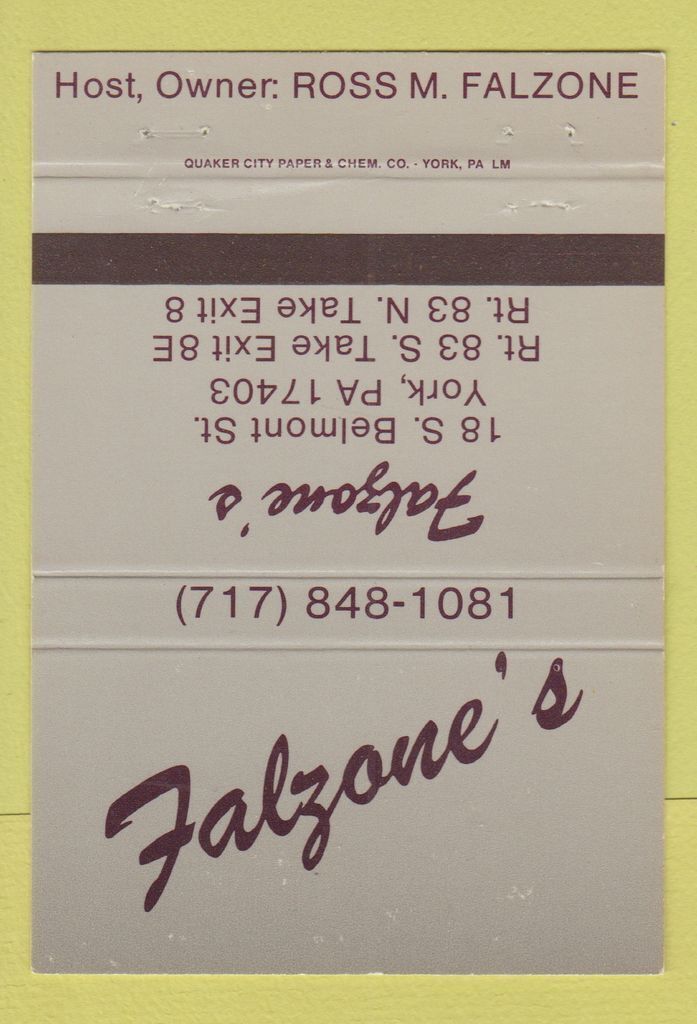 Matchbook Cover - Falzone\'s Restaurant York PA 40 Strike