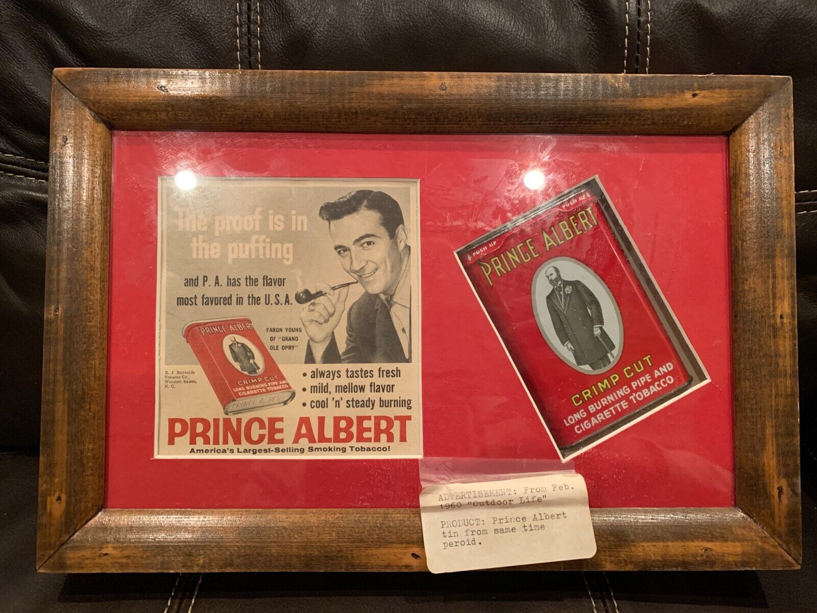 Vintage Prince Albert Smoking Tobacco Display Framed- 60s Print Ad and Tin