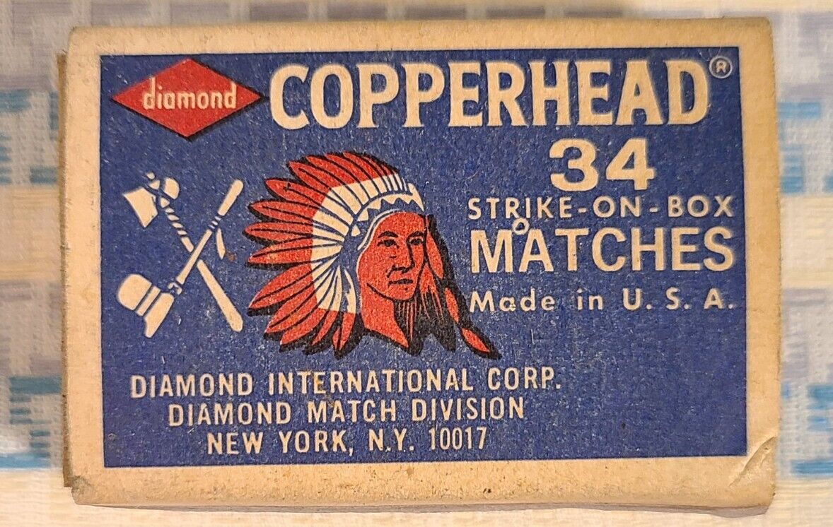Vintage Copperhead Matchbox 34 Count Diamond Company Empty Graphics Indian Chief