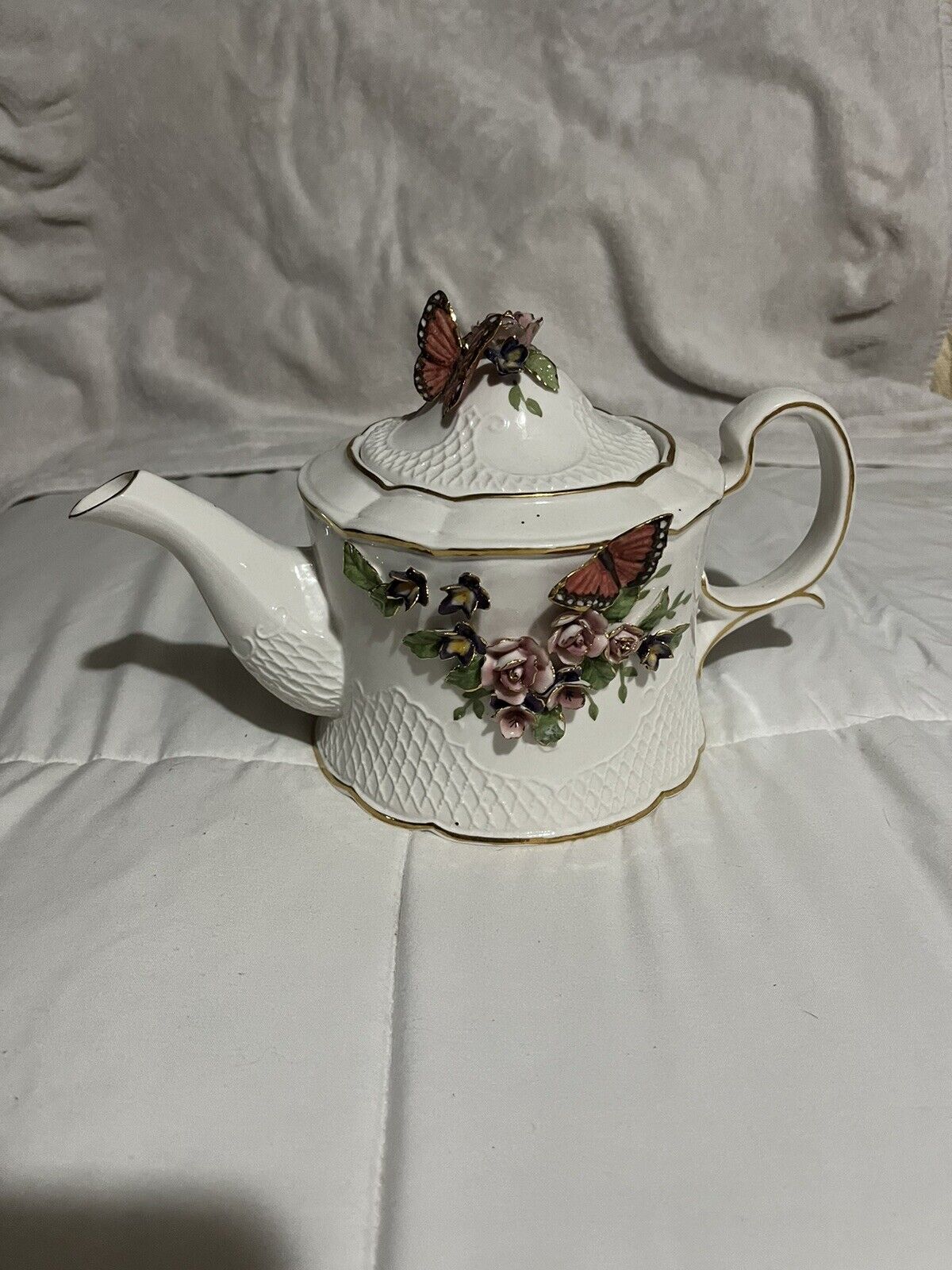 Vintage Katherine’s collection porcelain handpainted 3-D roses butterfly teapot