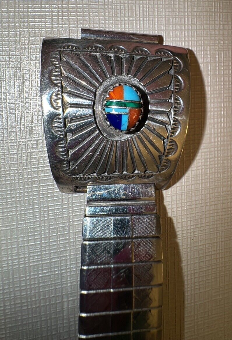 Vintage Native American Hand Stamped Inlay Watch Band 