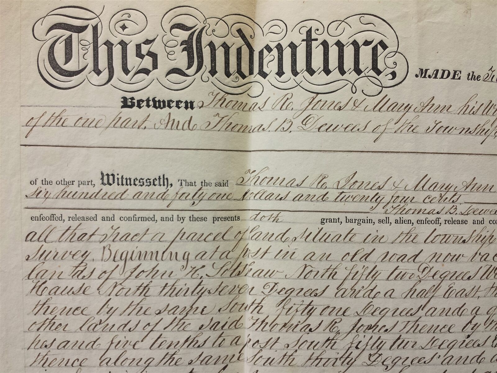 1857 antique DEED west pikeland cester pa THOS JONES to THOS DEWEES west vincent