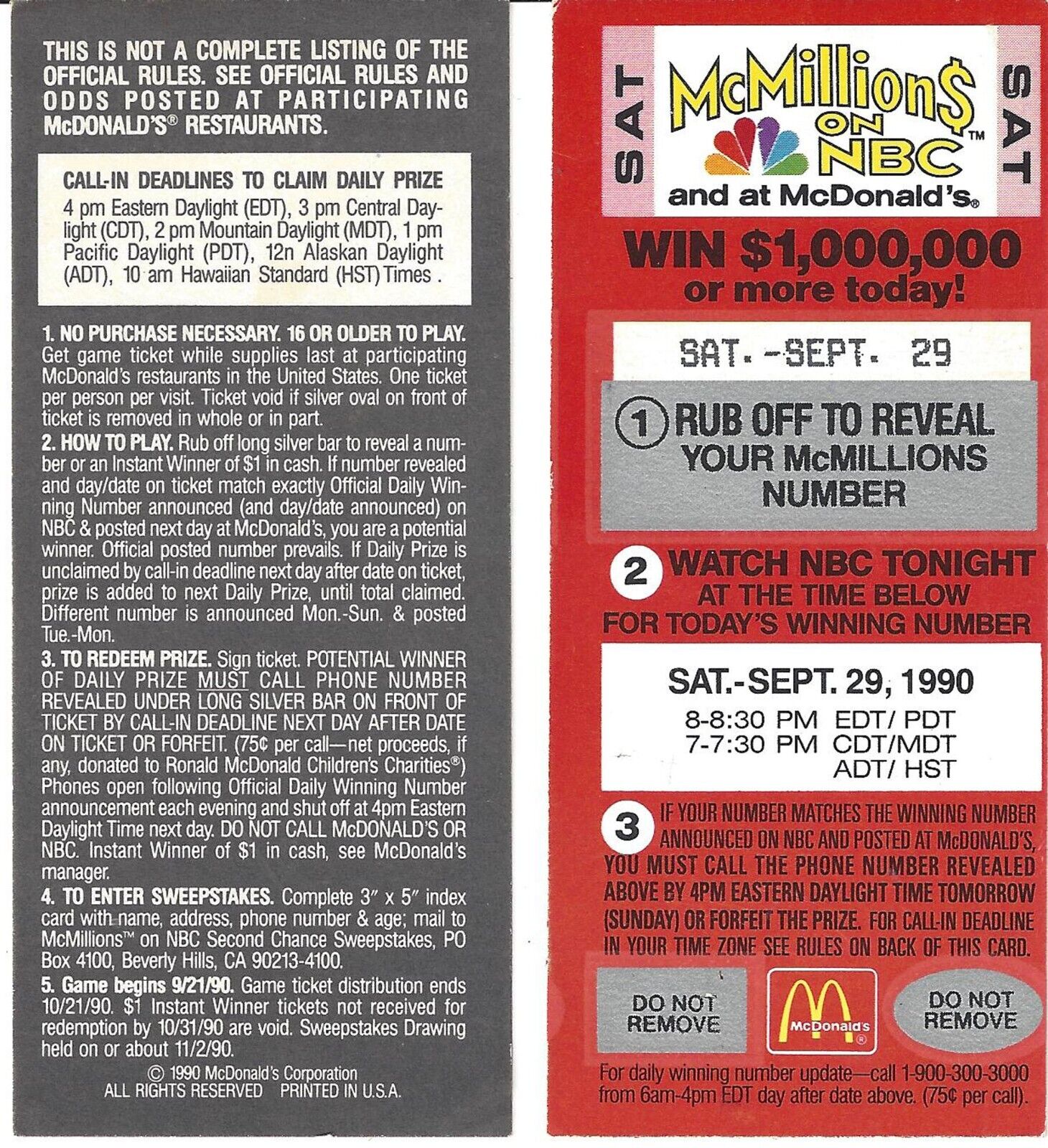 McDonald\'s 1990 McMillions On NBC-TV Scratch-Off (Unscratched Game Piece)
