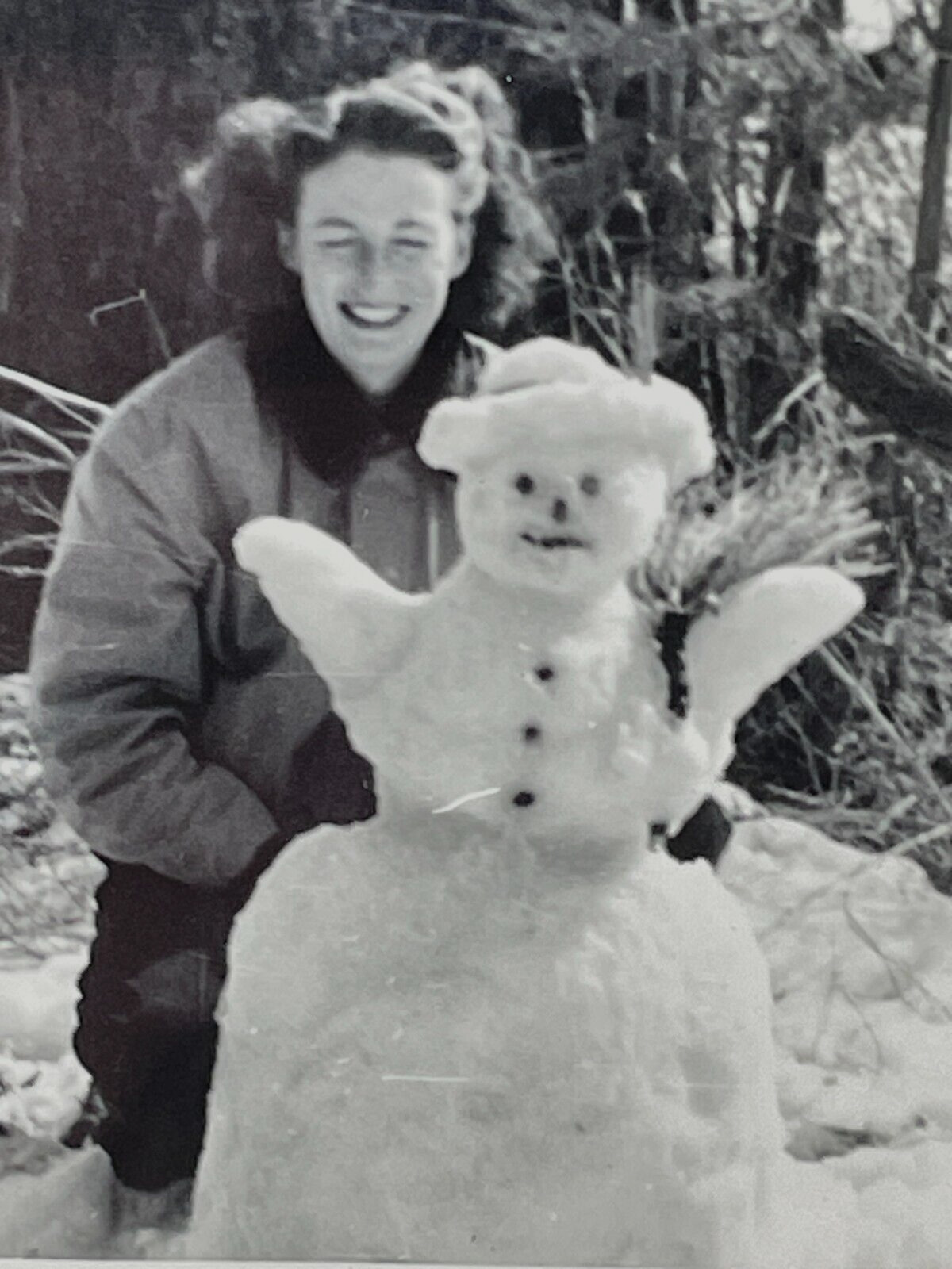Ui Photograph Pretty Young Woman Eyes Closed Posing WIth Snowman 1950's 