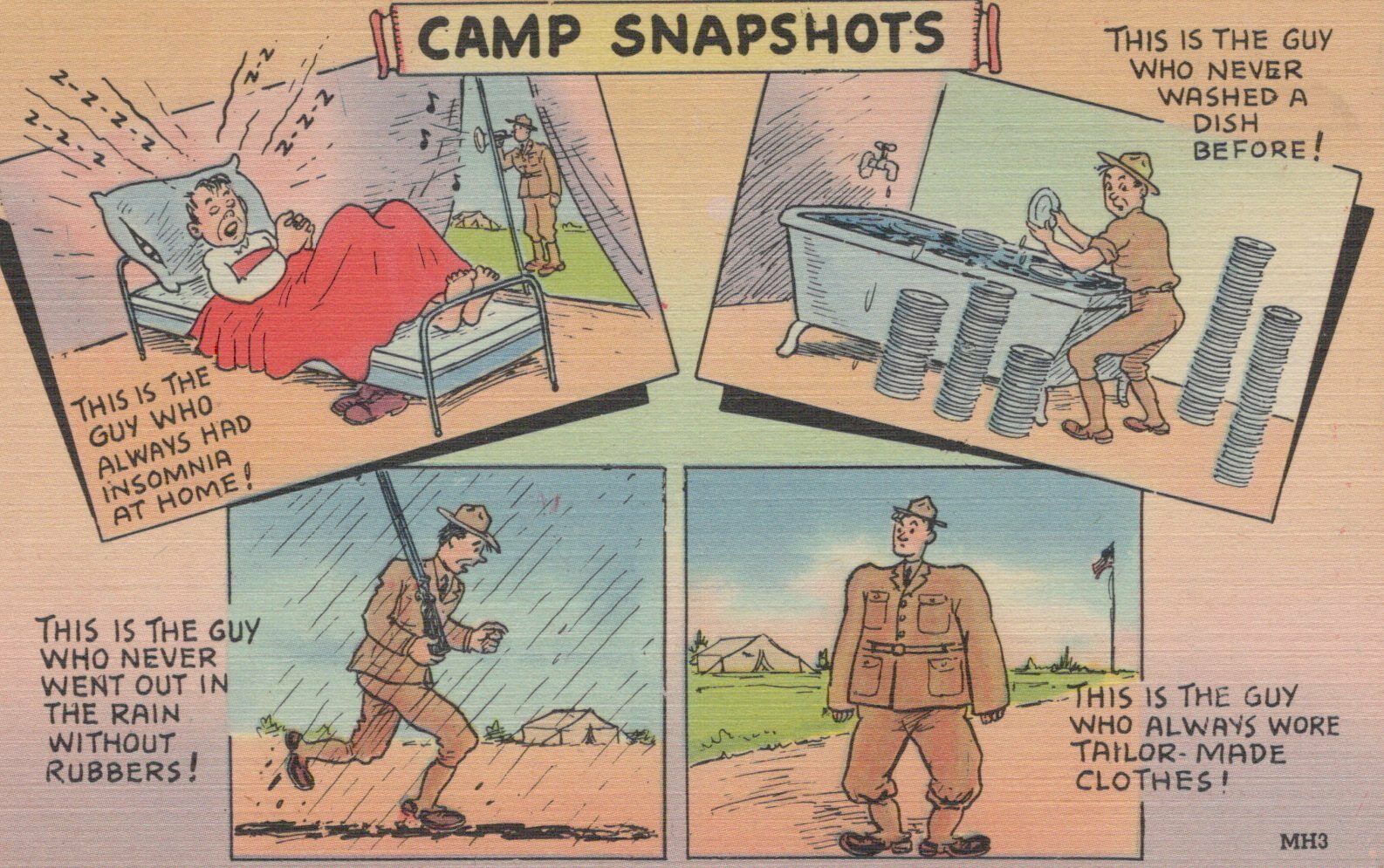 Camp Snapshots Funny Bootcamp Cartoon Officers Vintage Linen Post Card