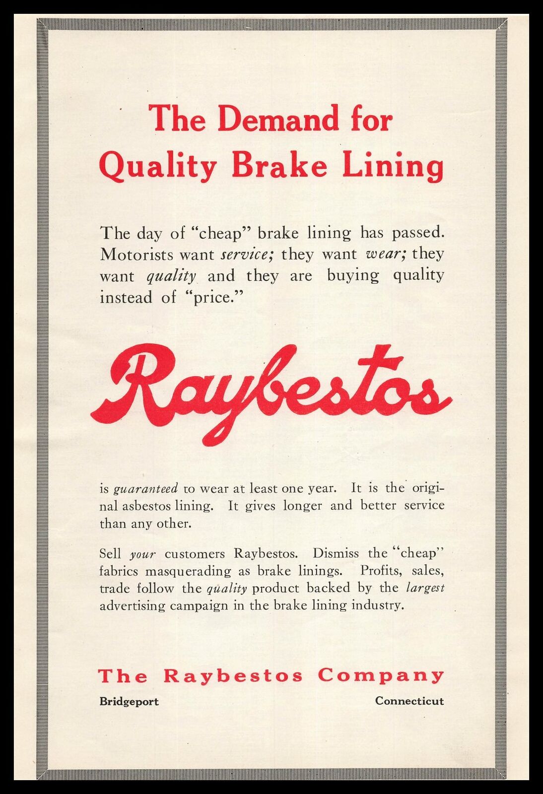 1919 The Raybestos Company Bridgeport Connecticut Brake Linings Vintage Print Ad