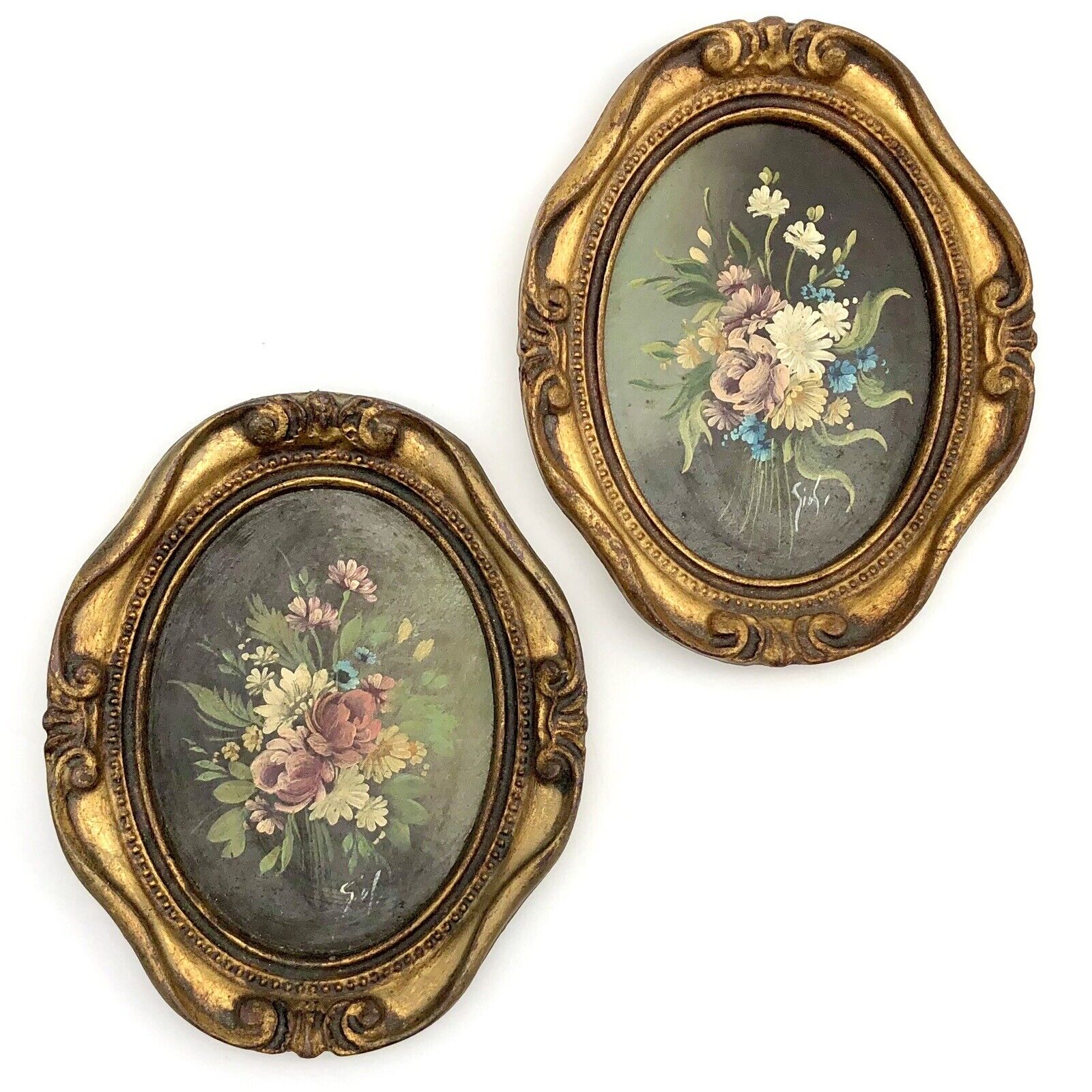 Italian Floral Oil Painting Art Nouveau Set Gold Gilt Wood Baroque Rococo Italy