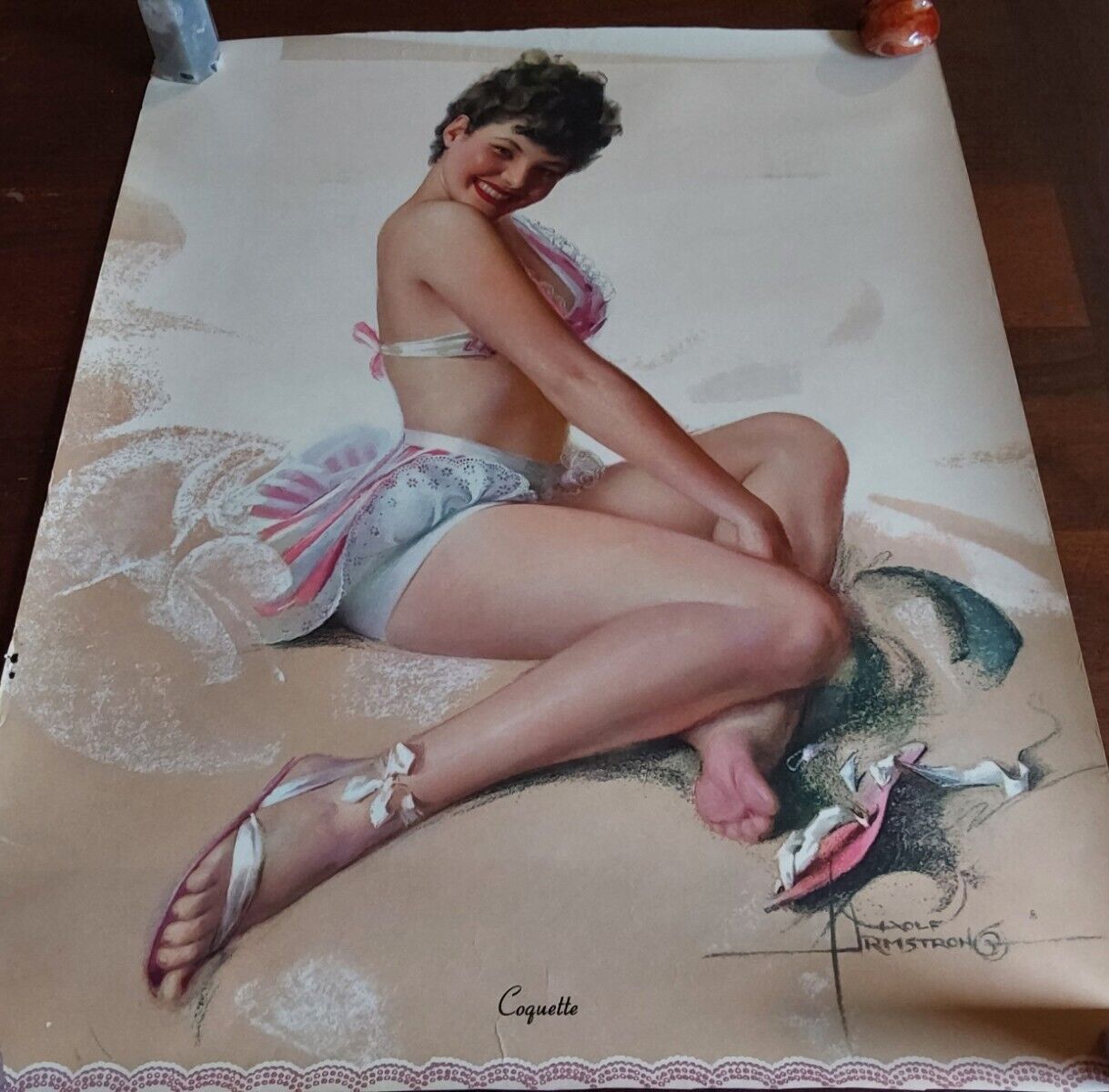 Vintage 1950s Rolf Armstrong Beach Girl Burnette Ocean Sand Pin-Up Poster 16x20