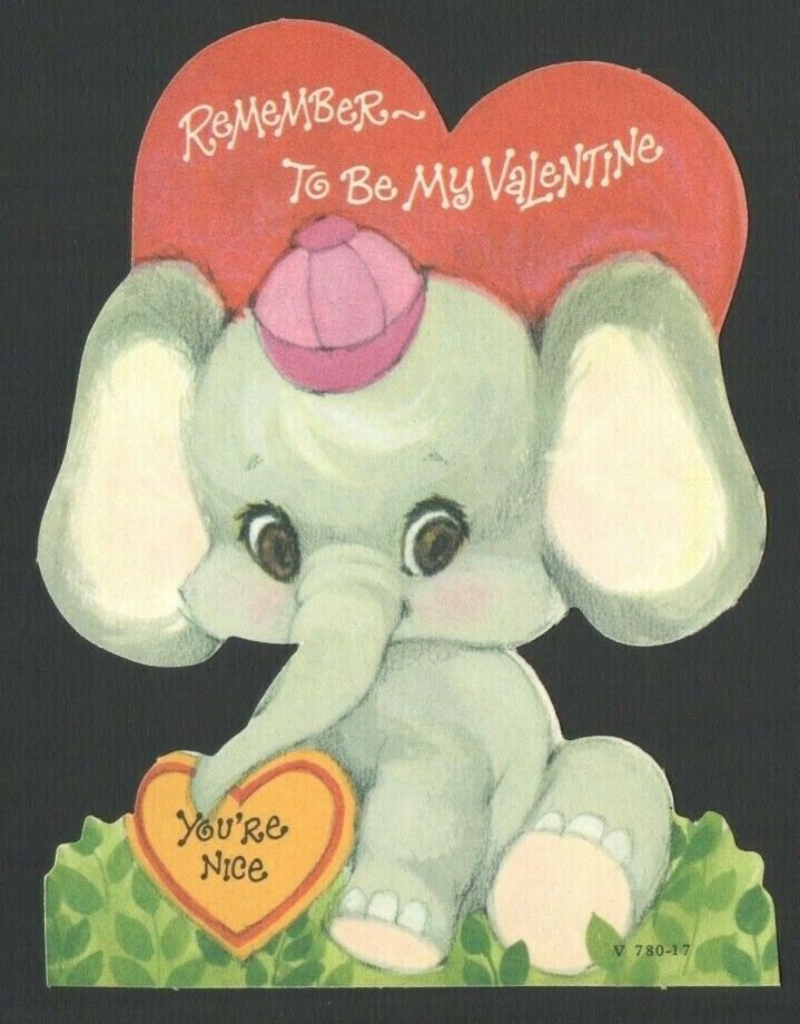 Vintage Valentine\'s Day Card Cute ELEPHANT w/ beanie Cap REMEMBER 