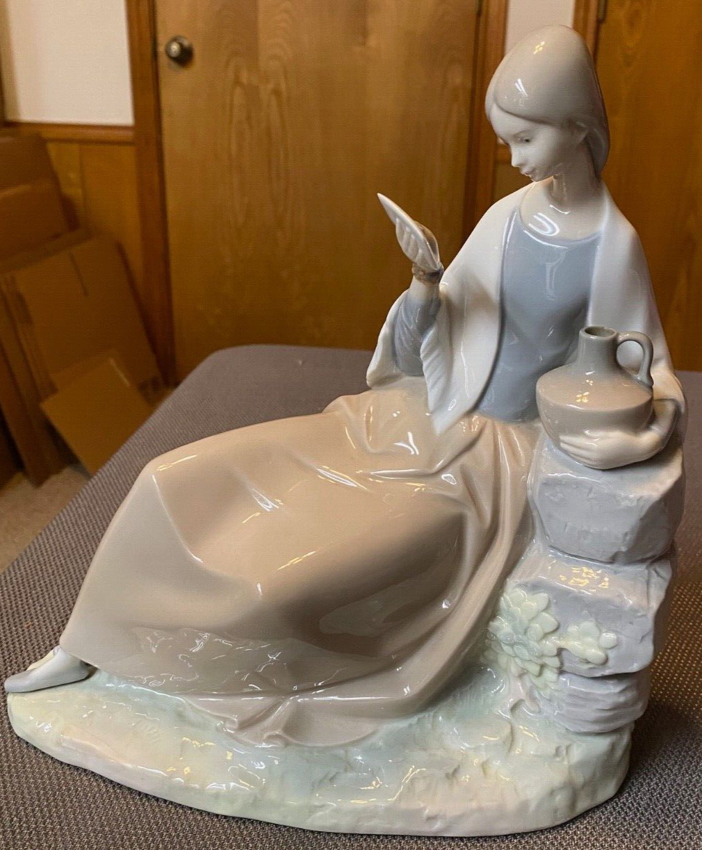 NAO by Lladro Girl Reading Book Sitting on Rock with Jug