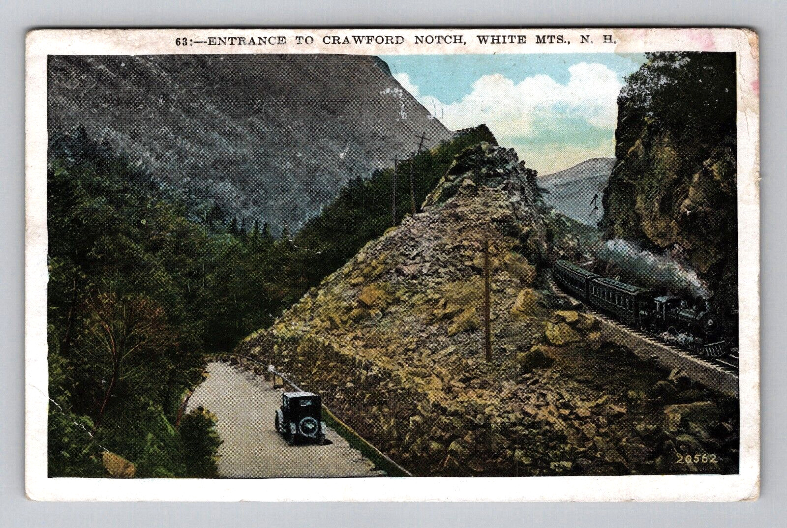 Postcard 1934 Crawford Notch Entrance Train Car White Mountains New Hampshire