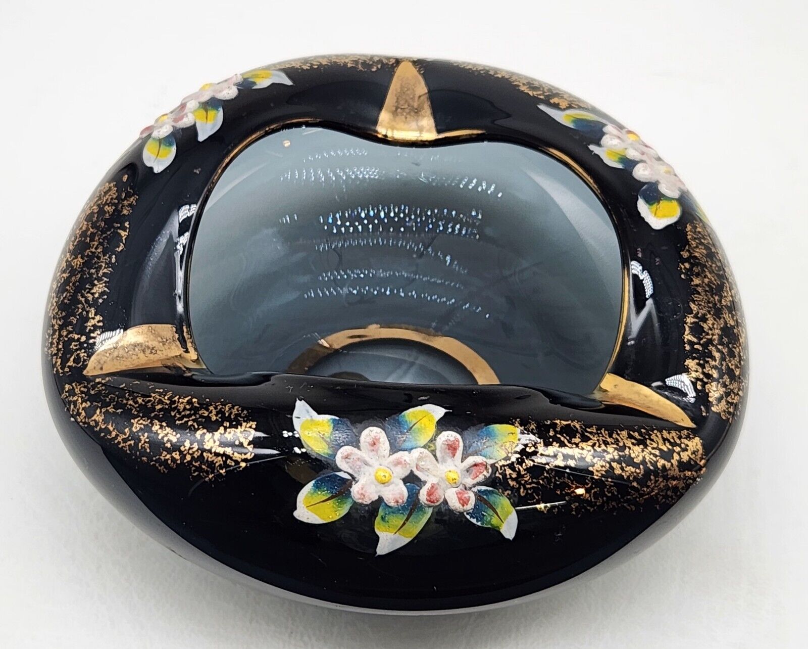 Vintage Black  Glass Ashtray. Hand Made, Hand Blown. Made In Japan. Embossed.