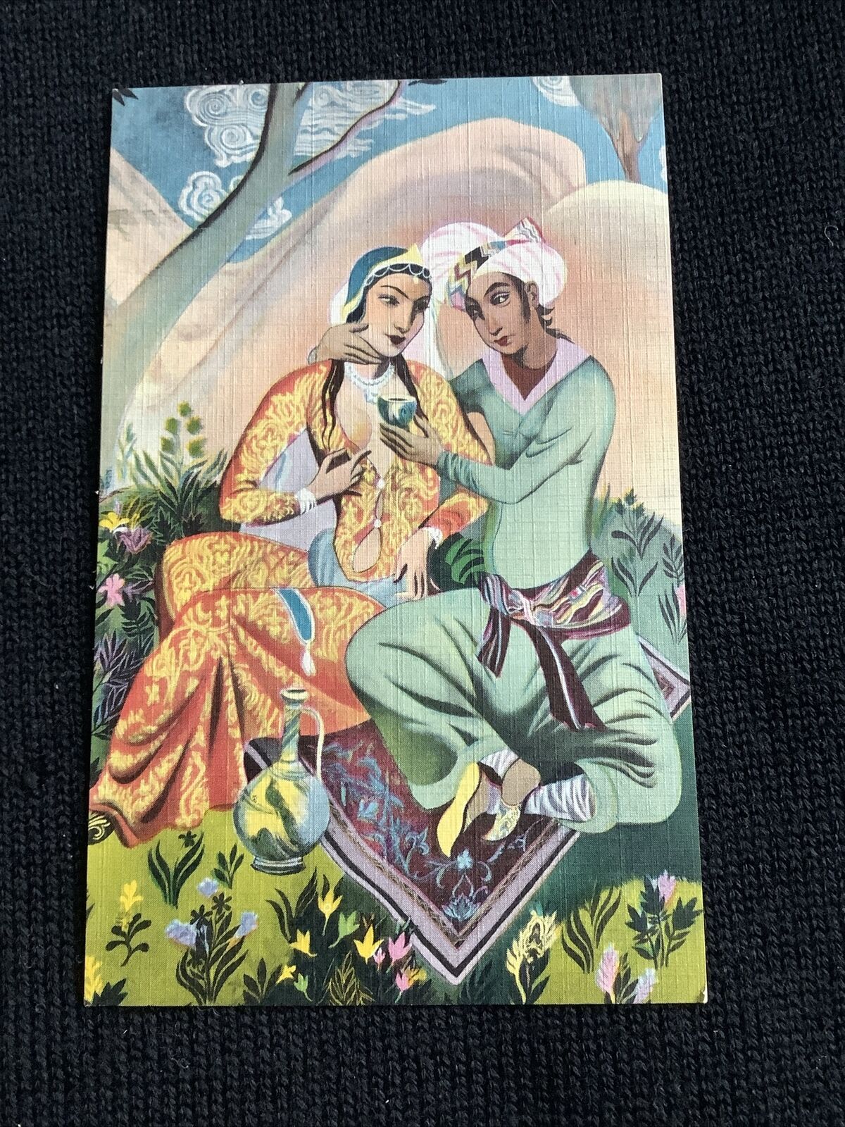 Vintage Middle Eastern Couple Man & Woman Postcard Magic Carpet