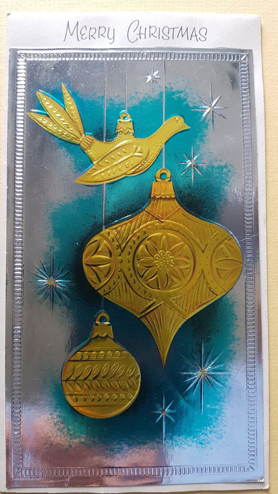 VINTAGE CHRISTMAS CARD AQUA SILVER GOLD FOIL ORNAMENTS EMBOSSED STAR BURST RETRO