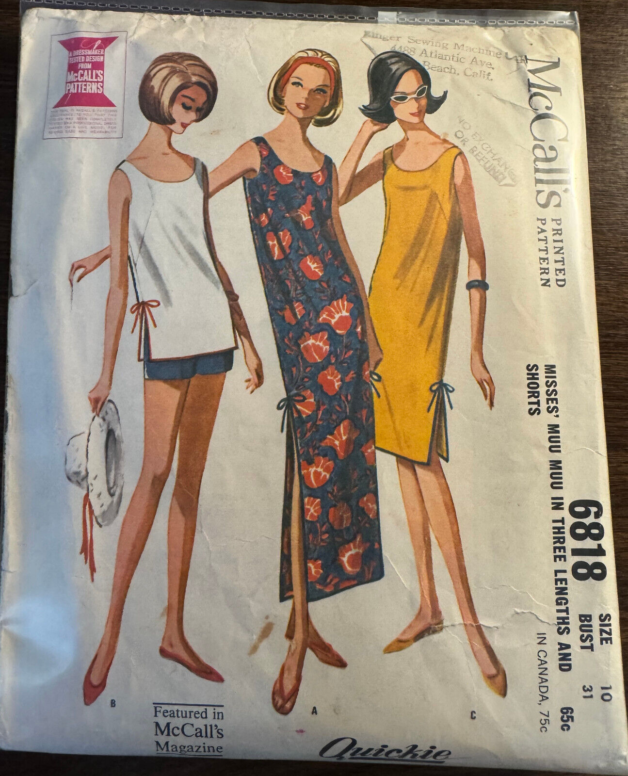 Vintage 1963 McCall\'s Ladies Sleeveless Muu Muu 2 Lengths or Top Sz 10