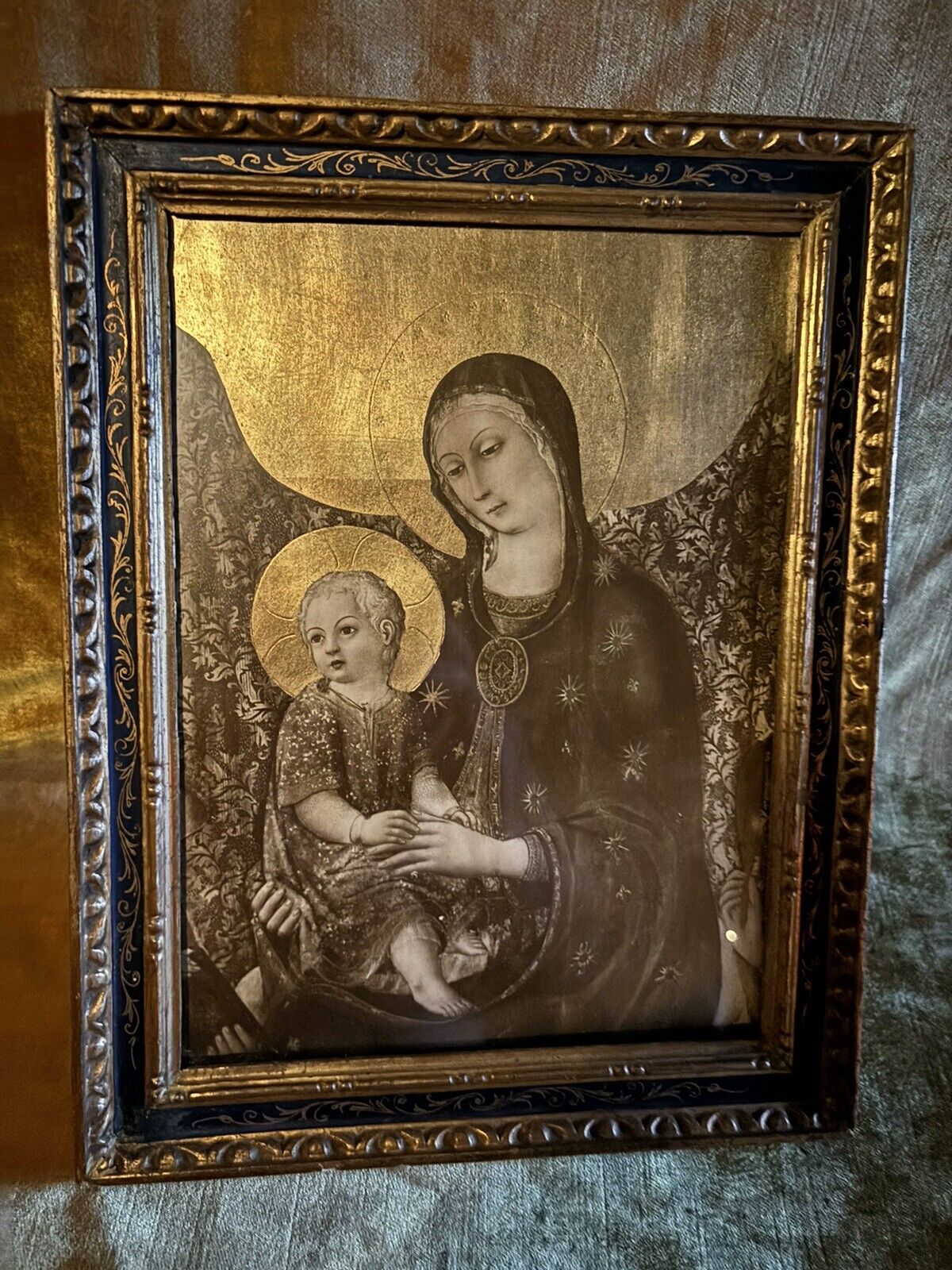 Antique Vintage Religious Icon Gold Leafing Details Madonna With A Child 