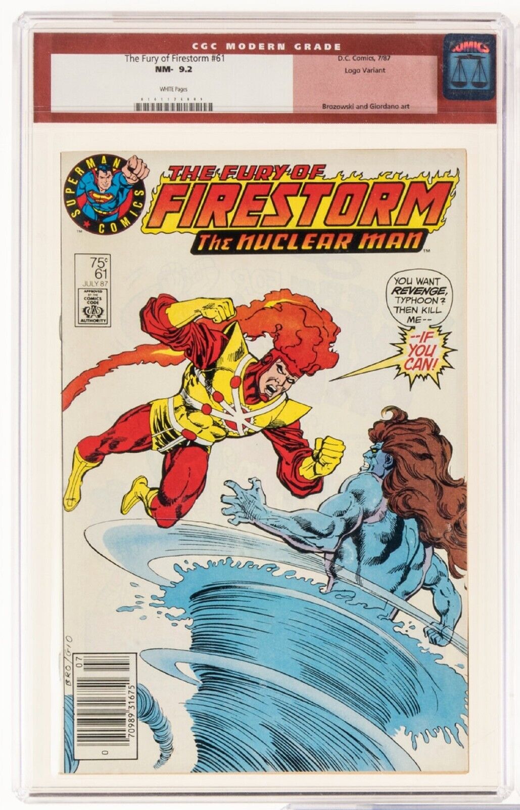 1987 DC The Fury of Firestorm Nuclear Man Logo Variant Comic Book #61 CGC 9.2