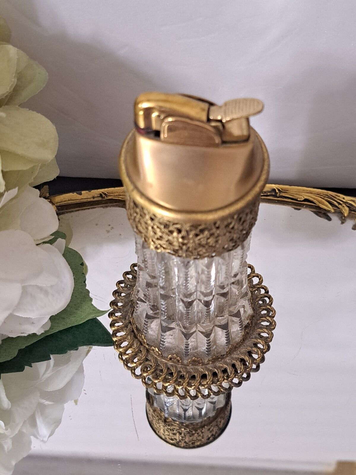 Vtg Hollywood Regency Evans Co Crystal & Brass Table Lighter