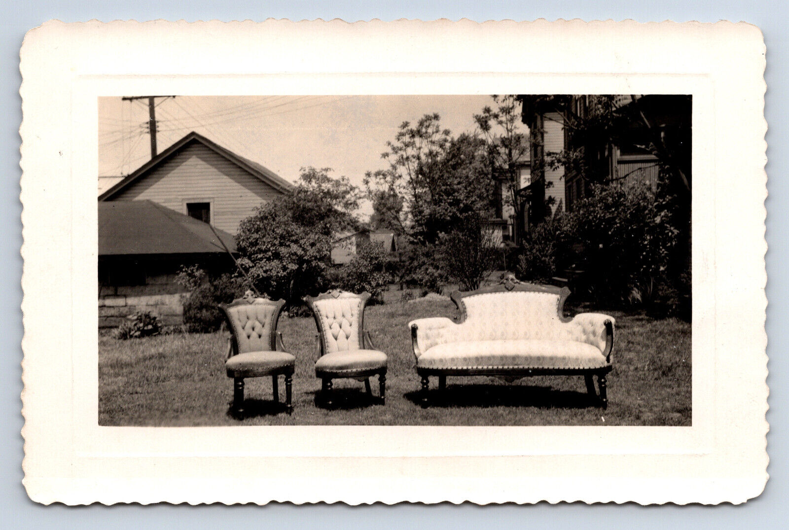 Vintage Photograph Unusual View Antique Upholstered Furniture Couch on Lawn 1942