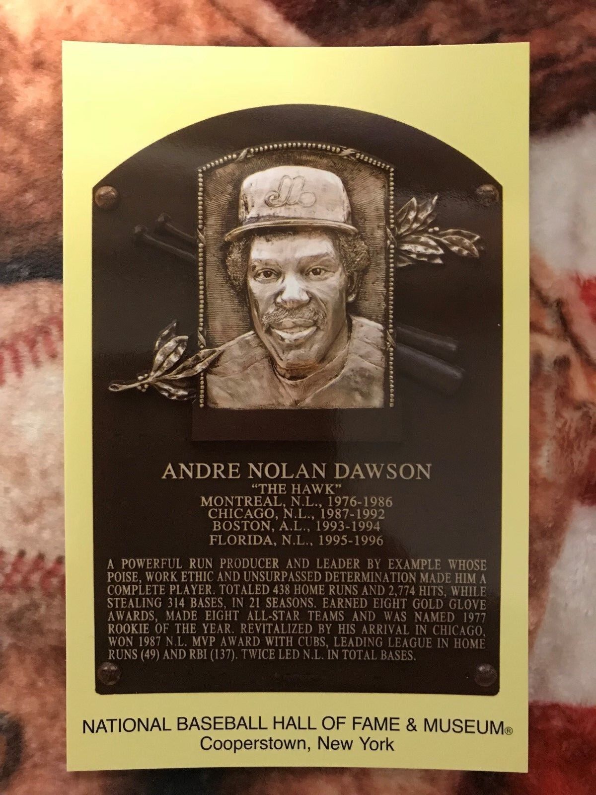 Andre Dawson Postcard - Baseball Hall of Fame Induction Plaque - Photo - Expos
