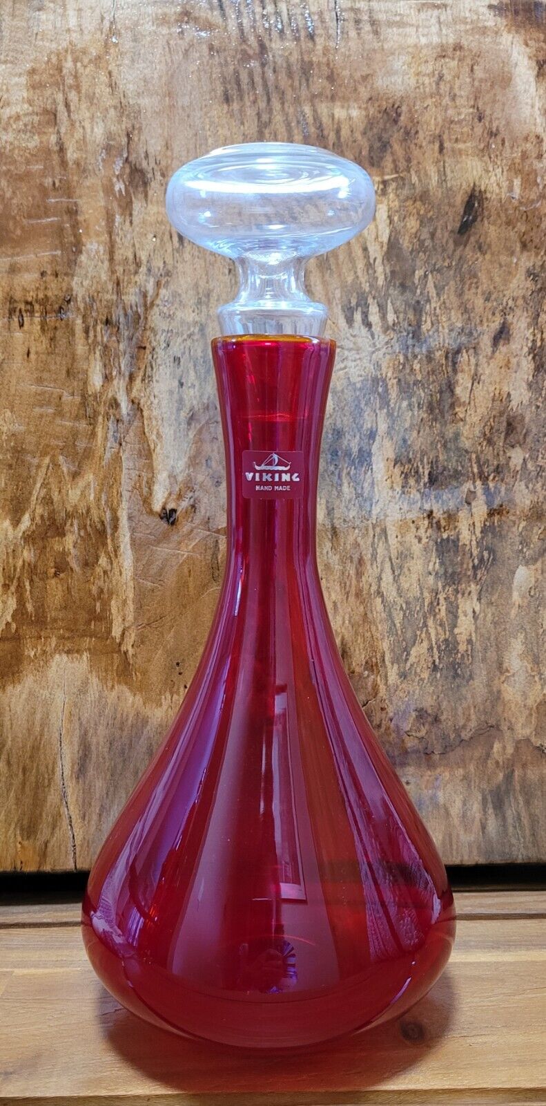 Vintage 80s VIKING GLASS Ruby Red Decanter Clear Stopper Rare 10\