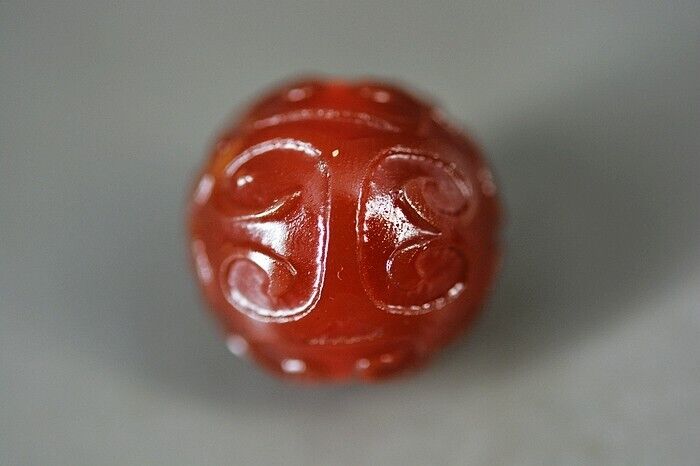Treasure Tibetan Natural Red Agate Carved *Fret* DZi Bead 20mm A6