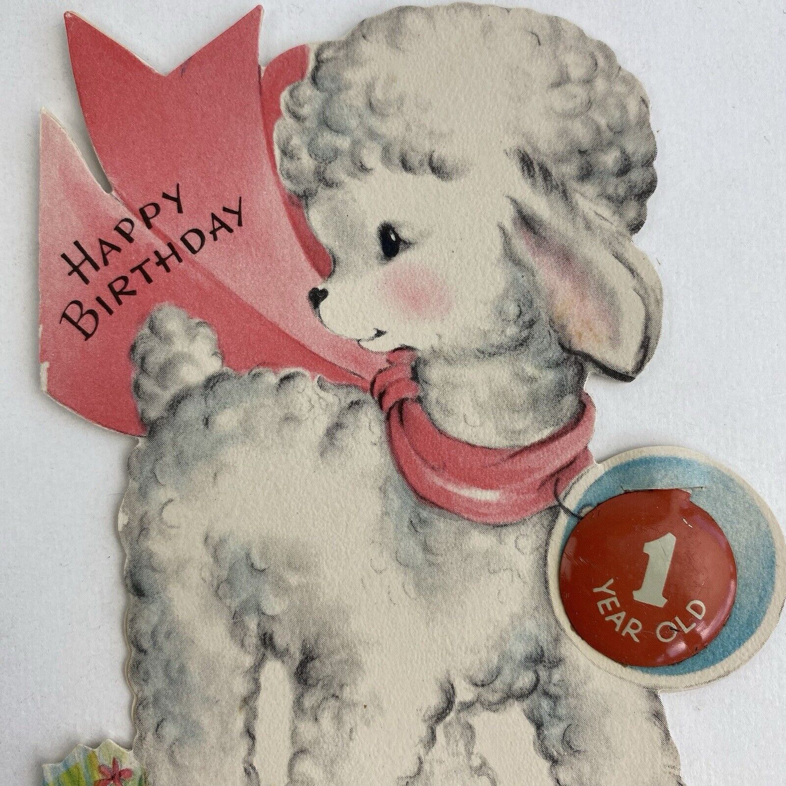 Vintage Mid Century Children's Birthday Greeting Card 1 Year Pin Cute White Lamb