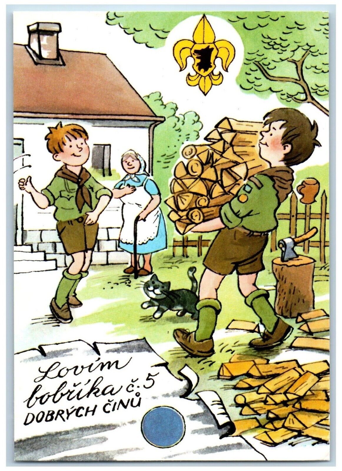 Czech Republic Postcard Boys Scouts Lovim Bobrika Dobrych Cinu c1950\'s Vintage
