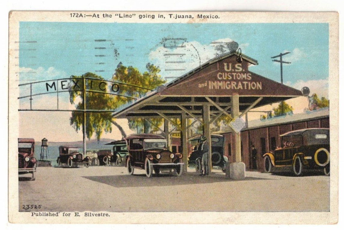 1928 Postcard: Going Into Tijuana Mexico – U.S. Customs & Immigration Xmas Stamp