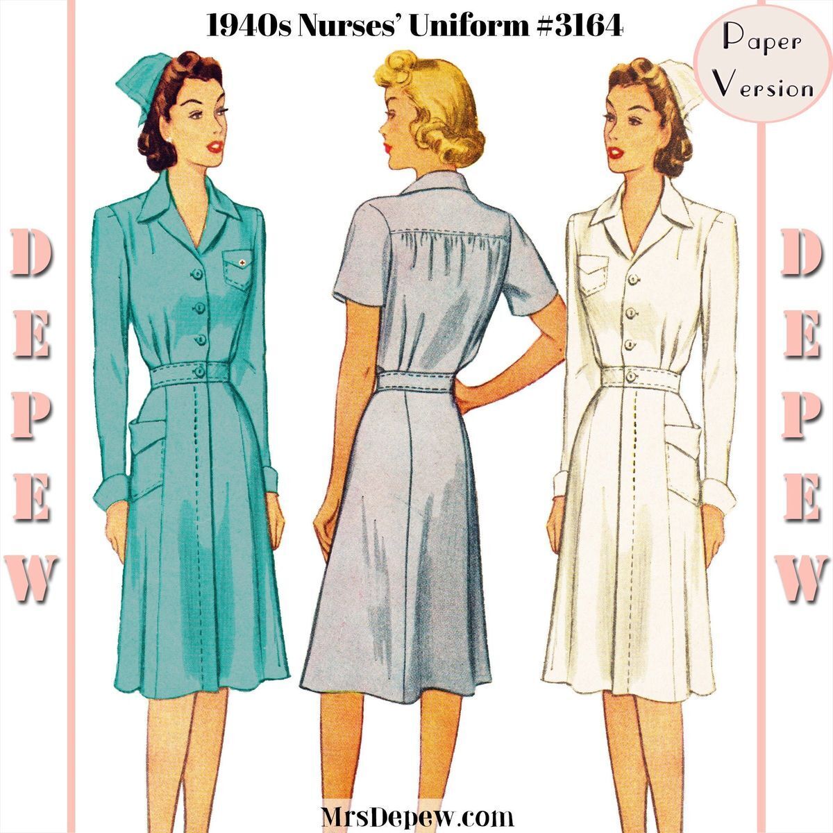 Vintage Sewing Pattern 1940s Nurses' Uniform Shirtwaist Dress #3164 32-46