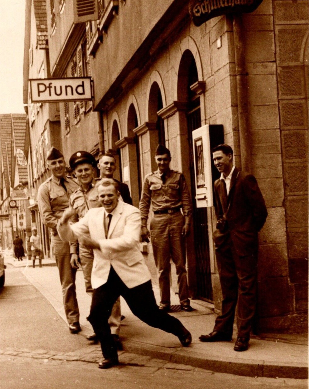 1950\'s BW Photo Gay Interest Men Uniforms German Street Corner Pfund Goofing off