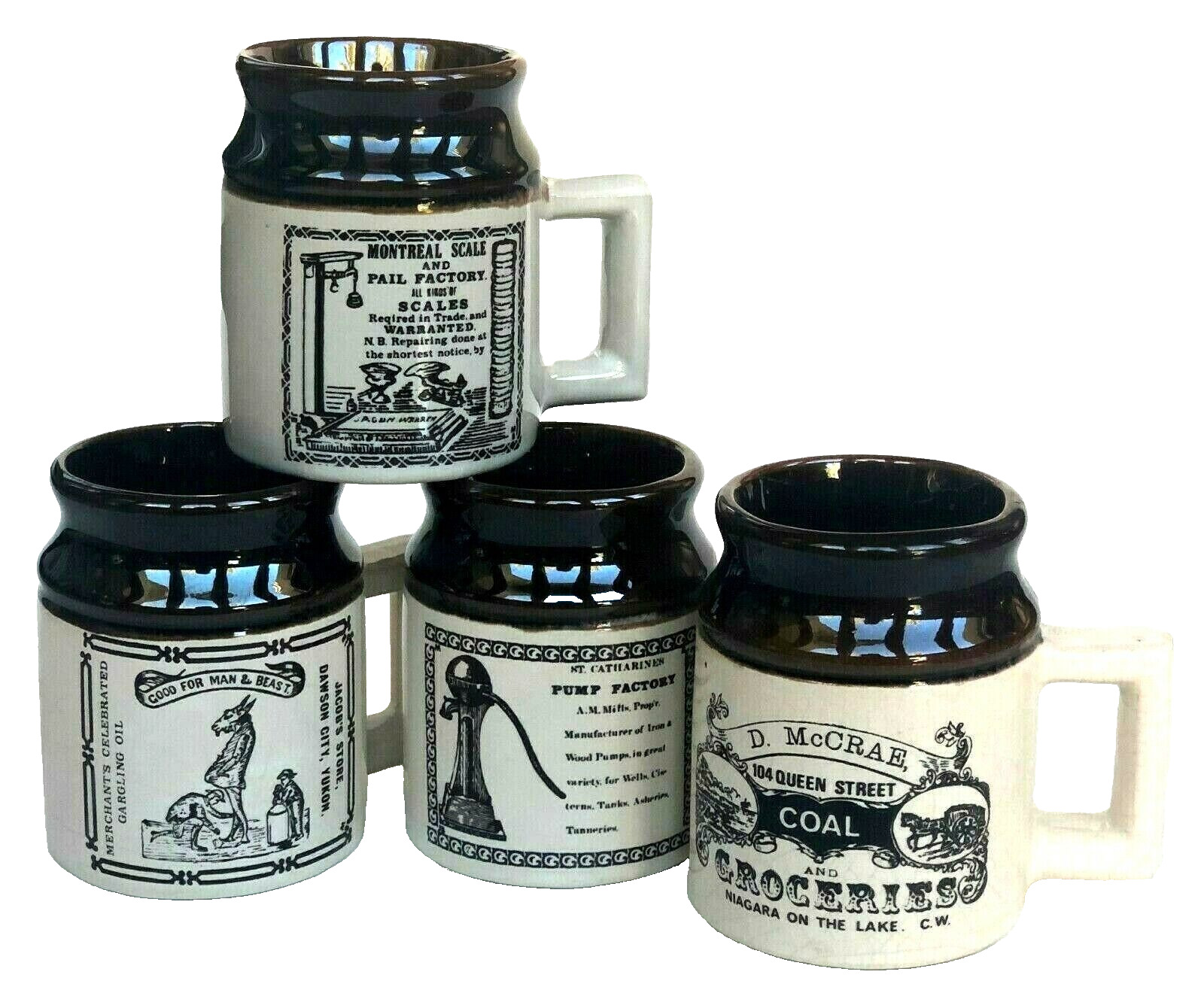 Crock Mugs Abenakis Pottery Set of 4 19th Century Woodprint Advertising Vintage