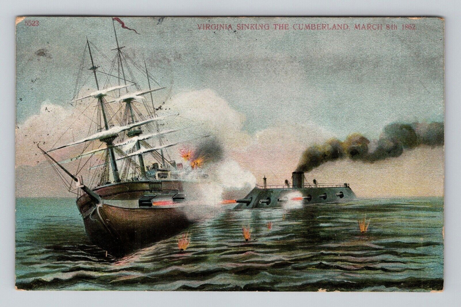 Postcard Ships Virginia Sinking Cumberland Naval Battle Water View c1907
