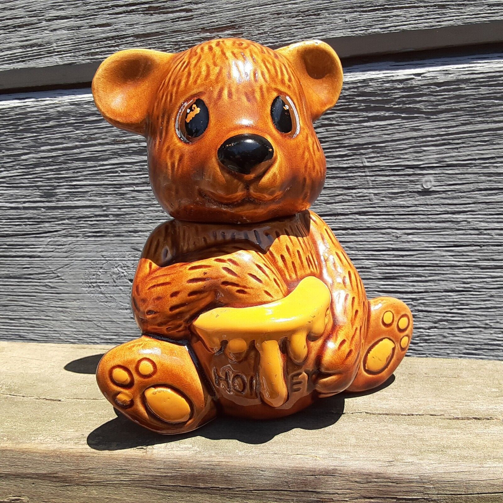 Vintage Ceramic Honey Pot Bear Jar Canister Brown Removable Head 6\