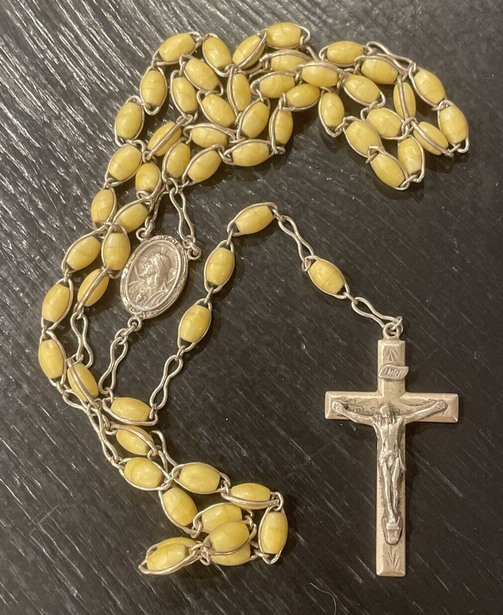 Vintage Sterling Silver & Cream Colored Rosary 21” Long