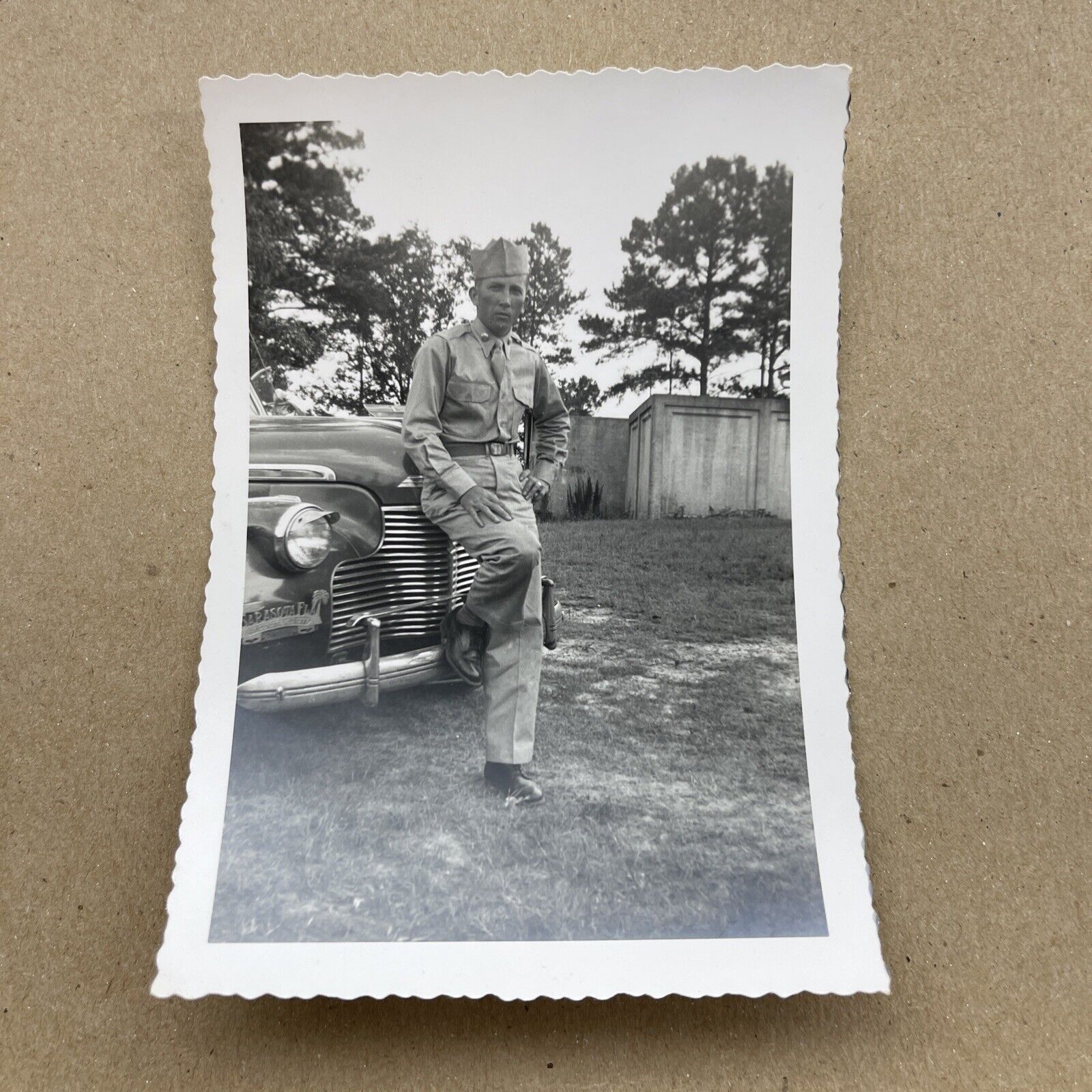 Vintage Snapshot Photo Handsome Serviceman Leaning On Car Sarasota FL Car Tag