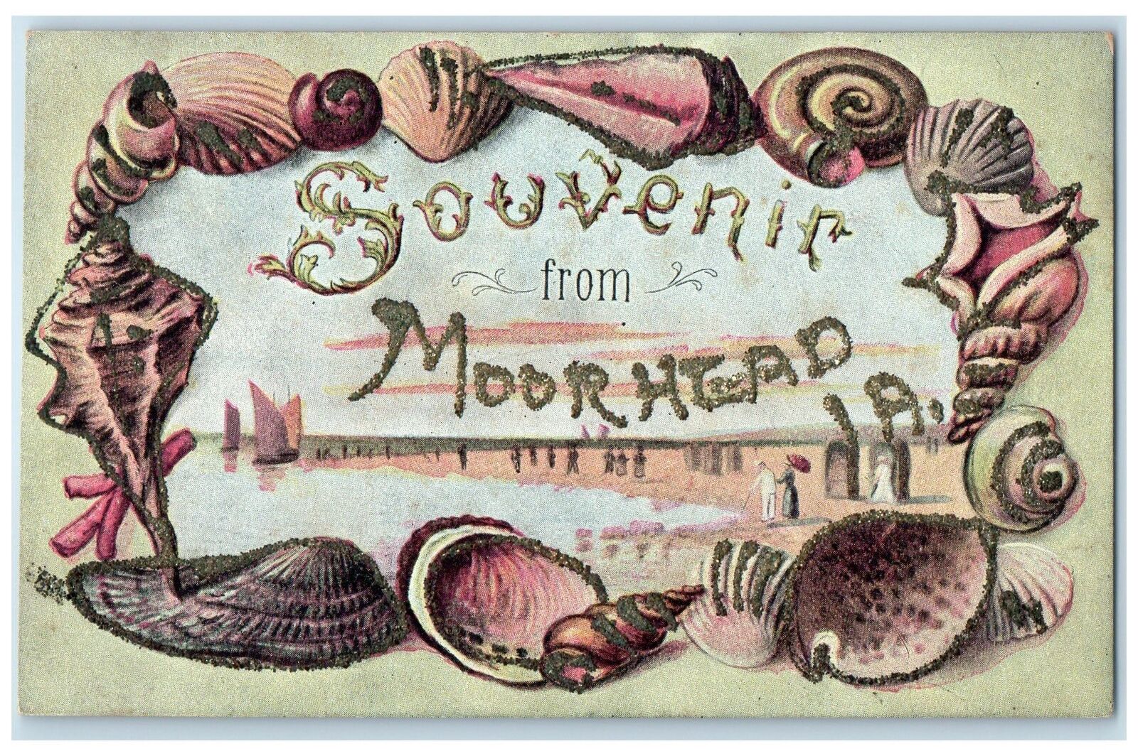 1910 Souvenir From Moorhead Iowa IA Posted Embossed Seashells And Boats Postcard