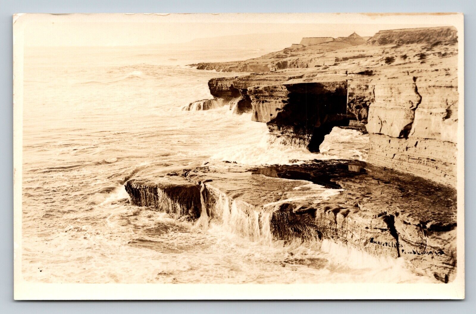 RPPC Waves Crashing Rugged Coastline B&W VINTAGE Postcard AZO 1925-1940s