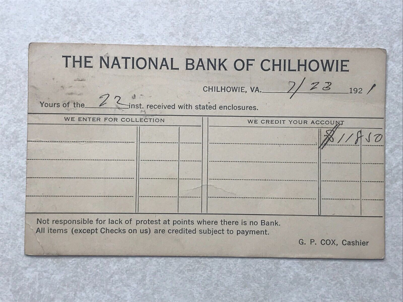 A1921 Postcard Postal Card The National Bank of Chilhowie VA Virginia 1921