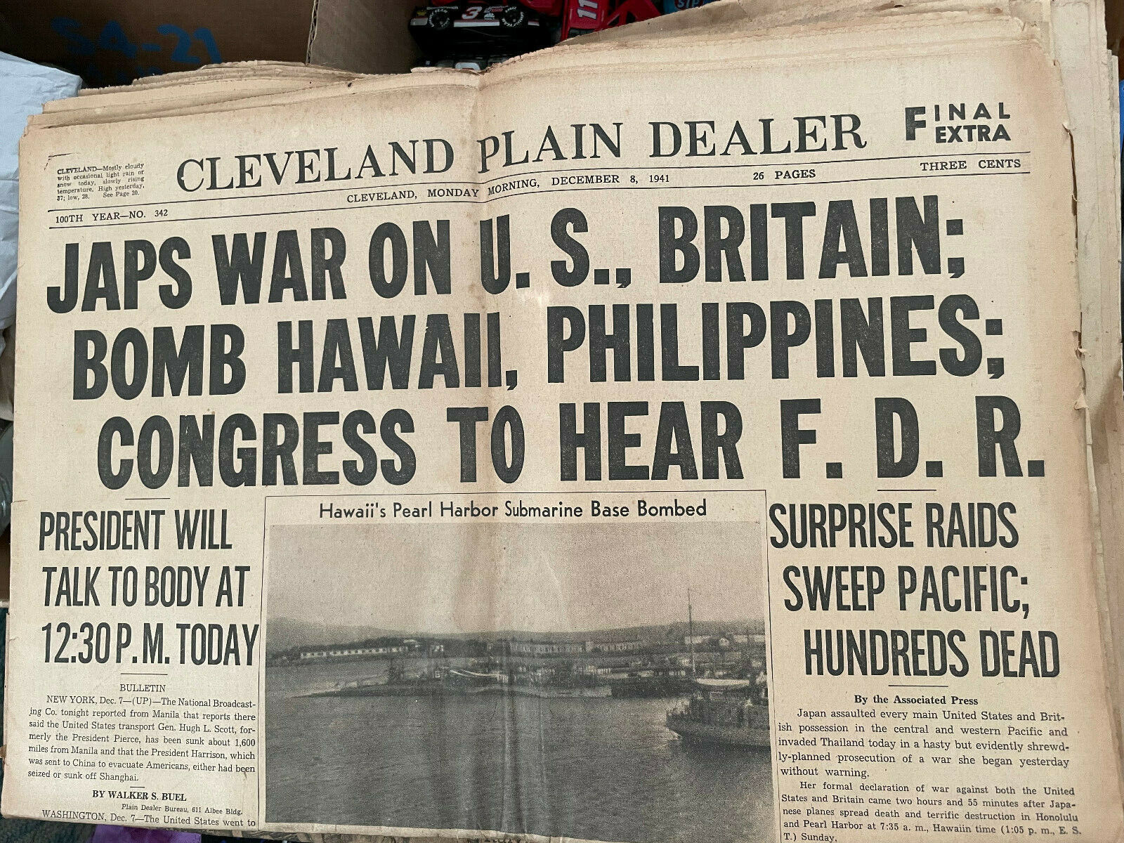 Dec 8 1941 Japs War On US Britain Congress To Hear FDR Cleveland Plain 26 Pg