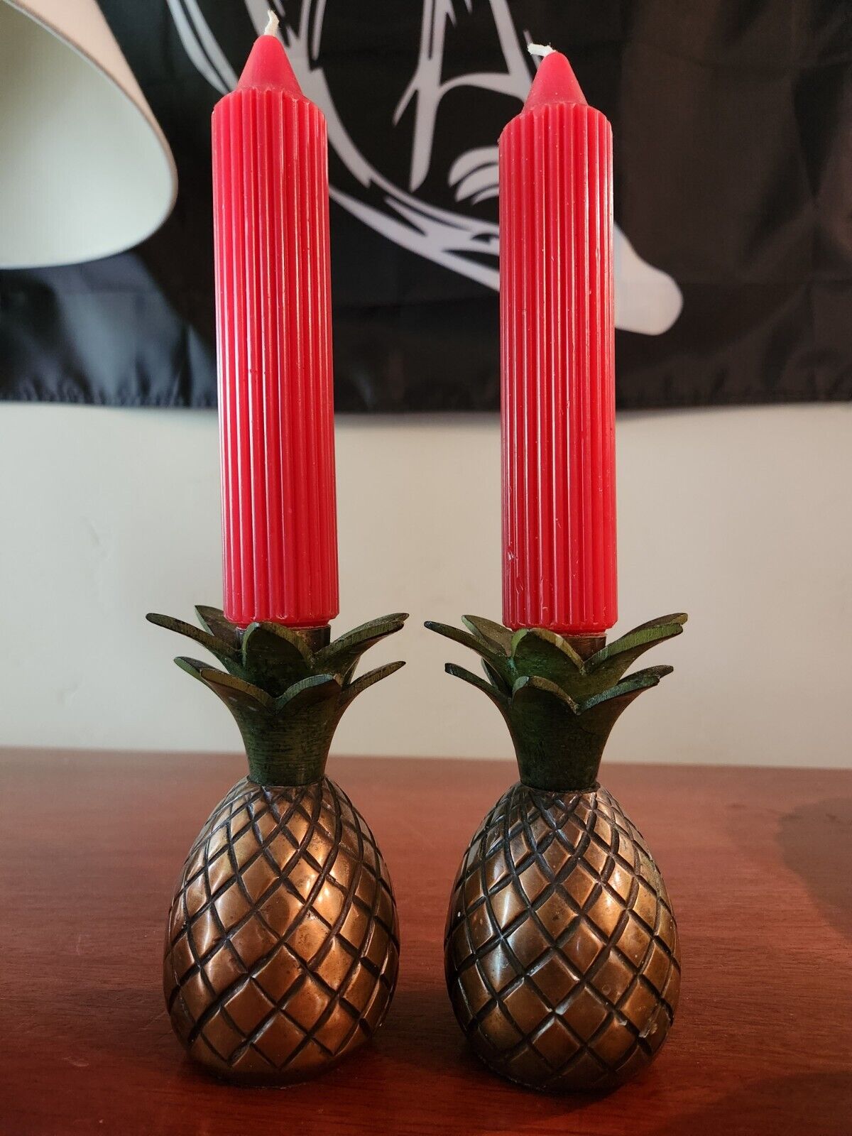 Pair of Vintage Solid Brass Pineapple Candle Holders w/ Candles