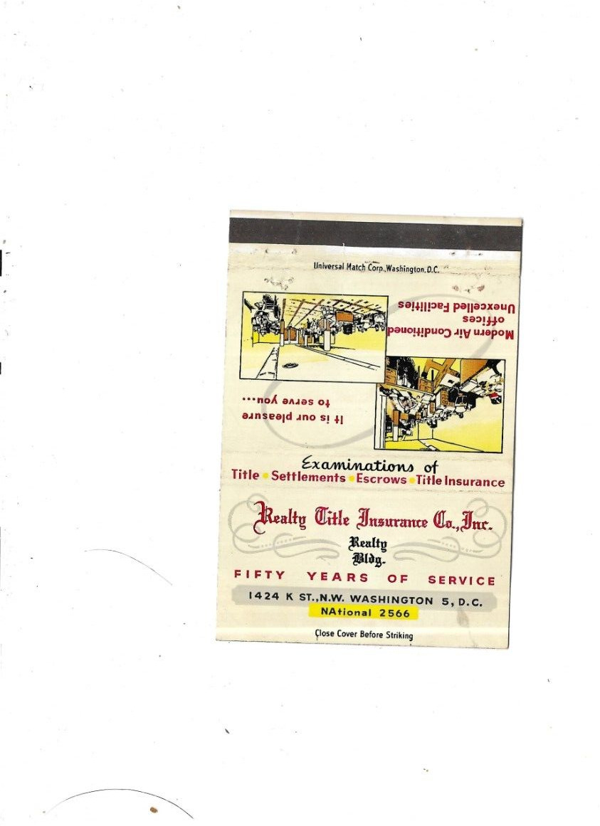 Vintage Matchcover  Realty Title Insurance Co. Inc Washington DC  Royal Flash