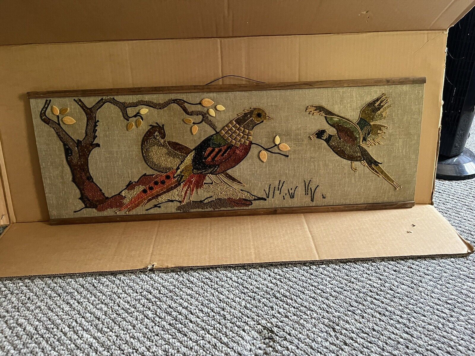 Vintage Mid Century Modern MCM Wall Art Gravel Pebble Tile Pheasant Birds Branch