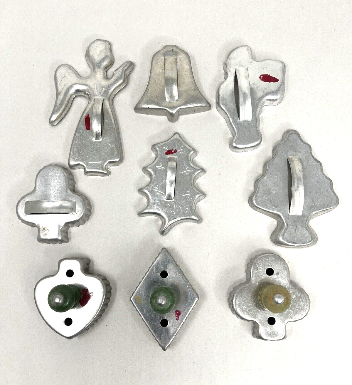 Vtg Lot Of 9 Aluminum Christmas Cookie Cutters Angel Santa Xmas Tree Bell Holly