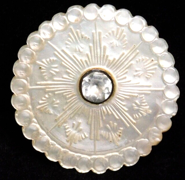 Large Antique 18th C. Carved & Engraved Pearl Shell Jewel BUTTON NICE 1&5/16