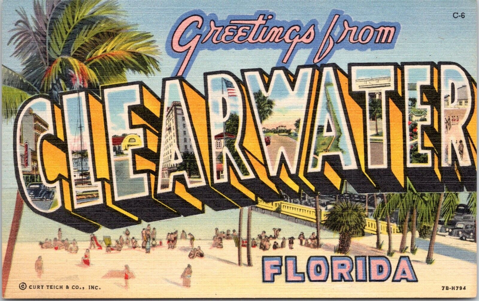 Large Letter Greetings, Clearwater, Florida - 1947 Linen Postcard