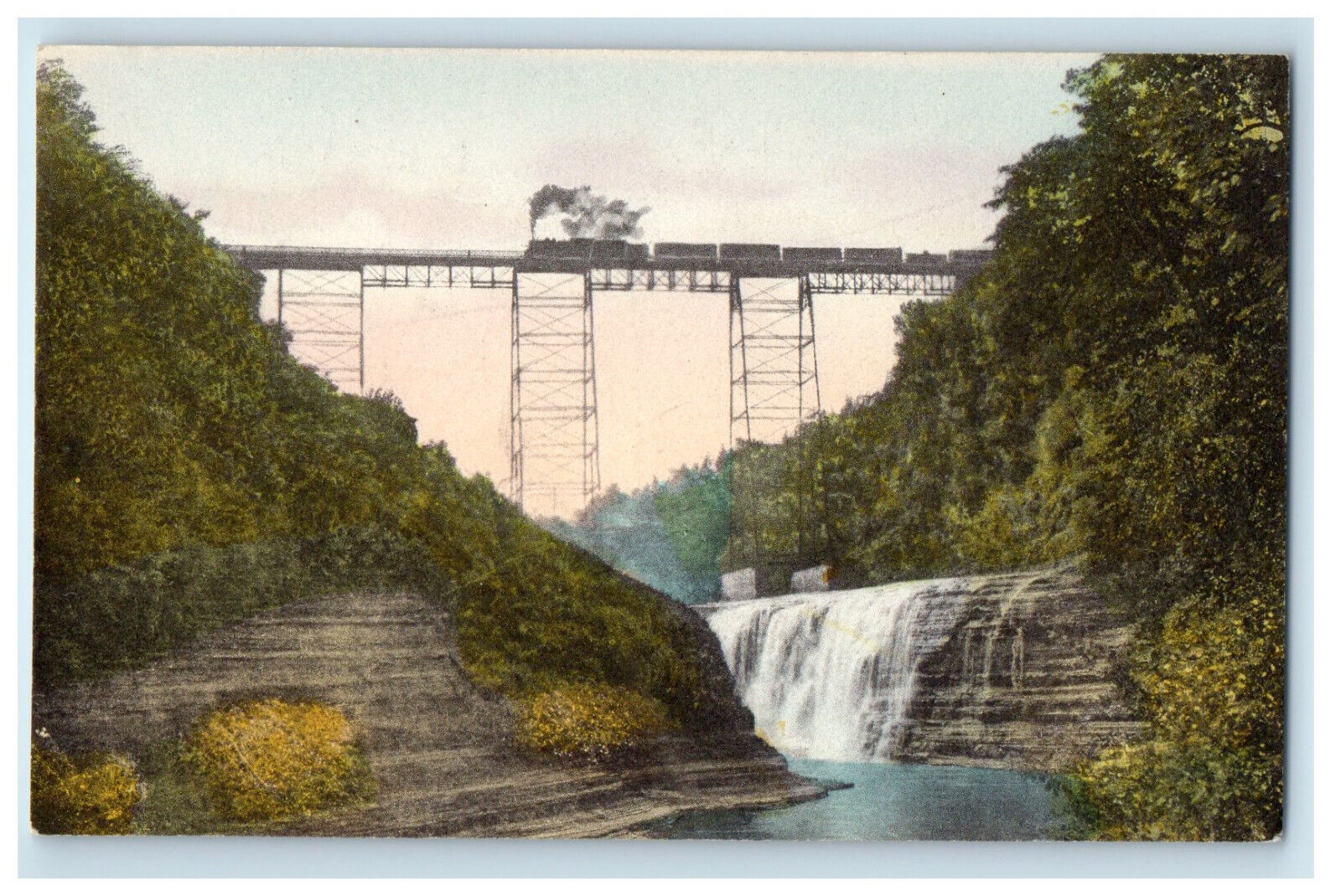 c1910s Erie Railroad Trestle Over Genesee River Castle NY Hand Colored Postcard