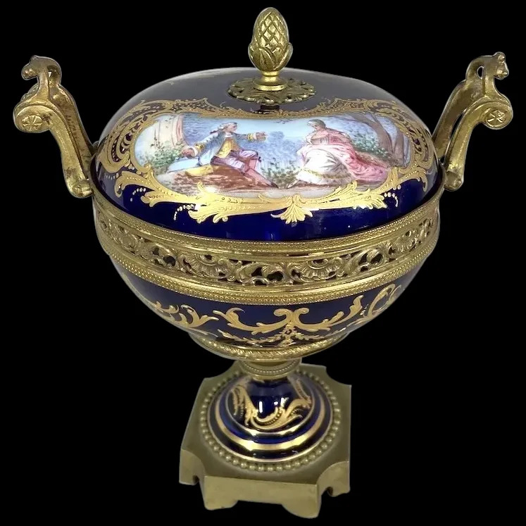 Antique 19th Century French Sevres Potpourri Coupe in Blue, Bronze, and Scenery