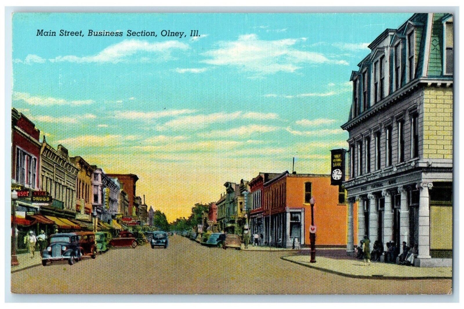 c1940 Main Street Business Section Exterior Building Olney Illinois IL Postcard