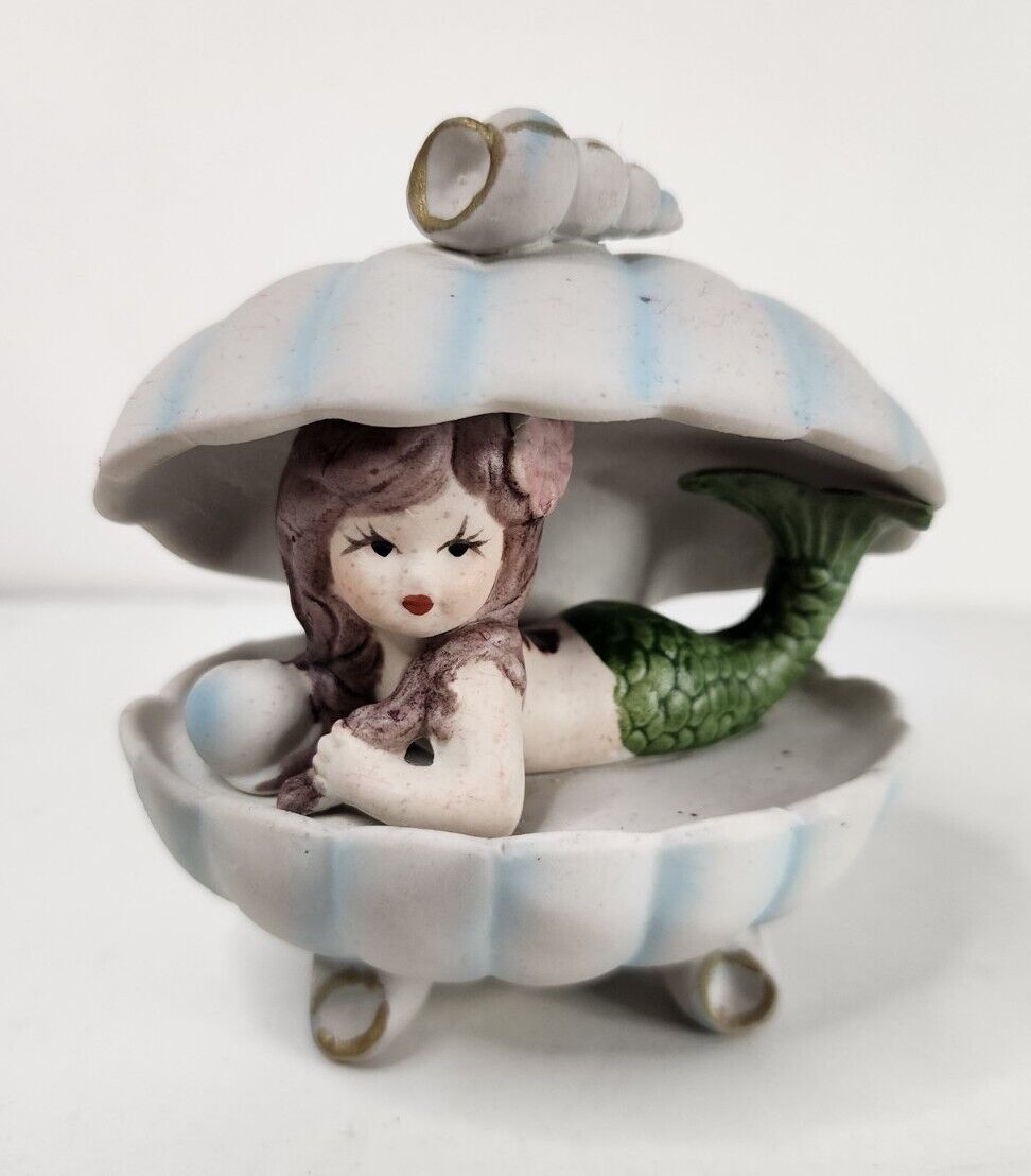 Vintage Porcelain Bisque Ceramic Mermaid In Clam Shell Figurine Original Sticker